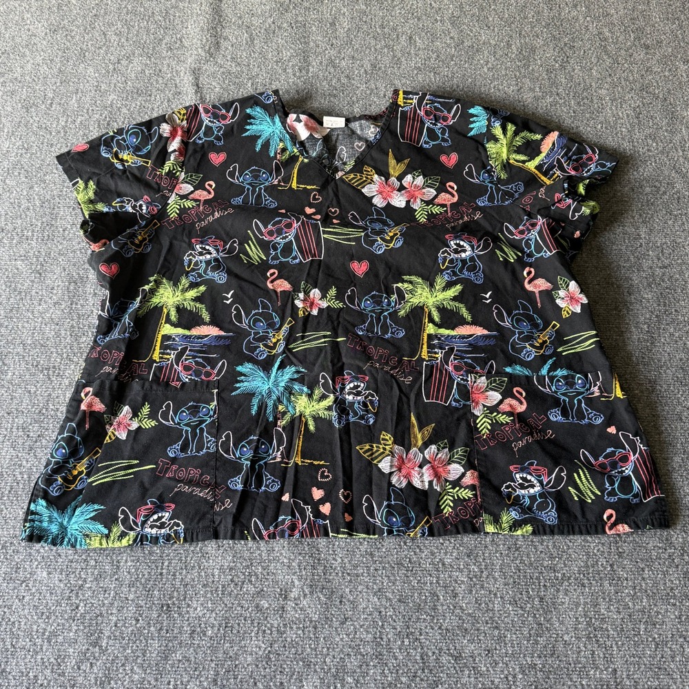 Disney Stitch Tropical Paradise‎ Black Scrub Top V-Neck 3XL WM10T733L Neon Print